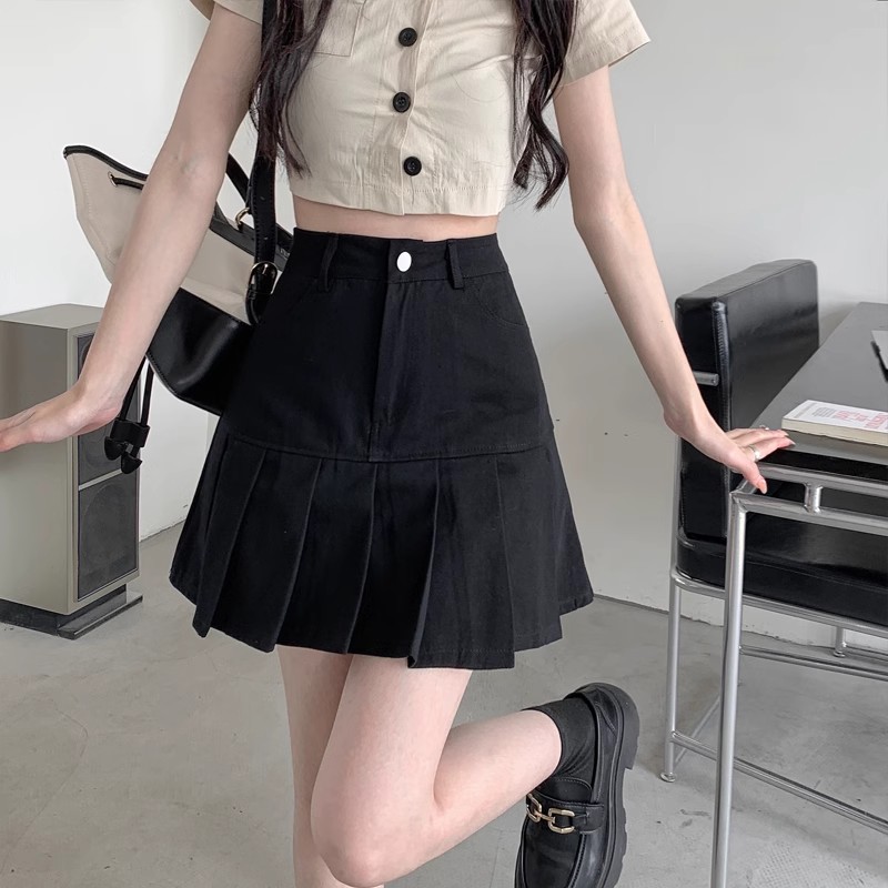 高腰牛仔短裙女2025春季新款显瘦百搭大码百褶裙包臀a字半身裙子