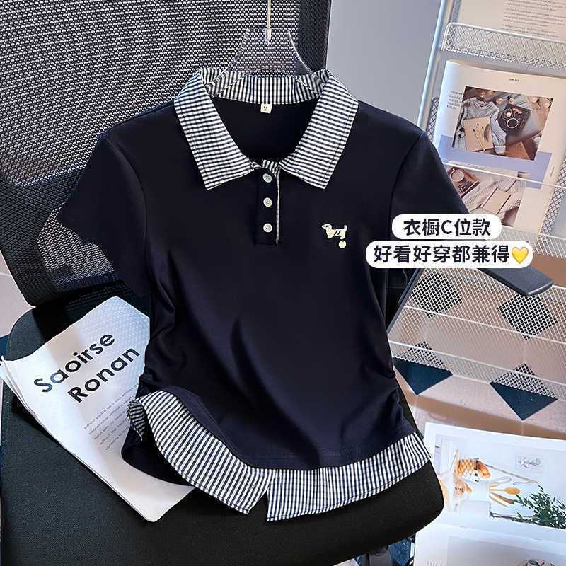 大码拼接格纹翻领短袖T恤女2025夏季新款显瘦百搭学院风时尚上衣