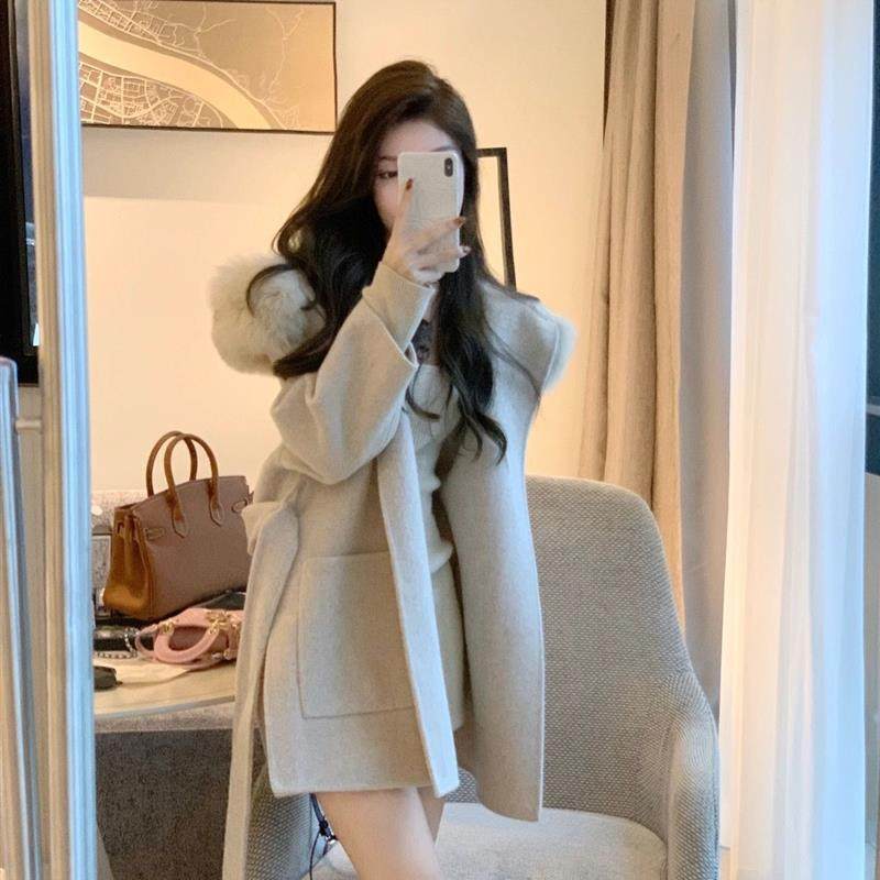 高级感羊绒双面呢韩系中长款大衣秋冬女装小个子气质收腰毛呢外套