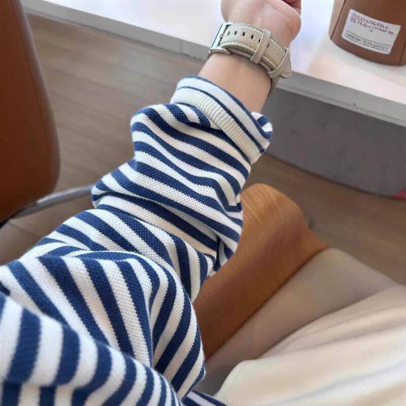 韩系蓝白条纹圆领卫衣女春秋季港风chic松弛感慵懒风宽松长袖上衣