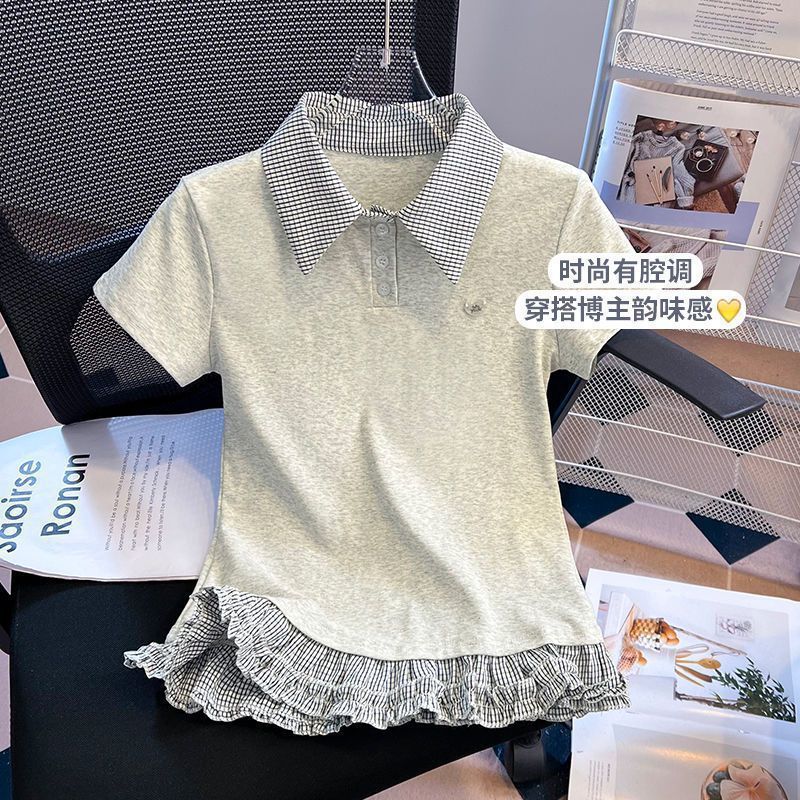 大码学院风格子拼接短袖T恤女夏季2026年新款宽松显瘦收腰上衣女