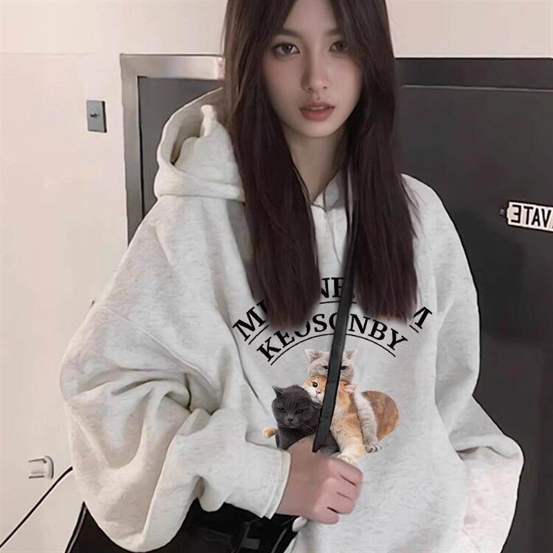 慵懒风宽松连帽卫衣2025秋冬新款加厚加绒美式重磅卫衣中长款ins