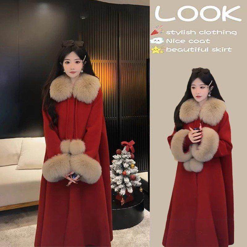 高级感女装新年红色斗篷加厚毛领毛呢外套大衣冬季炸街2025超火今