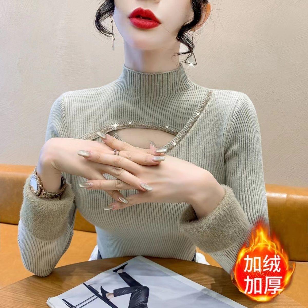 黑色加绒加厚毛衣针织衫