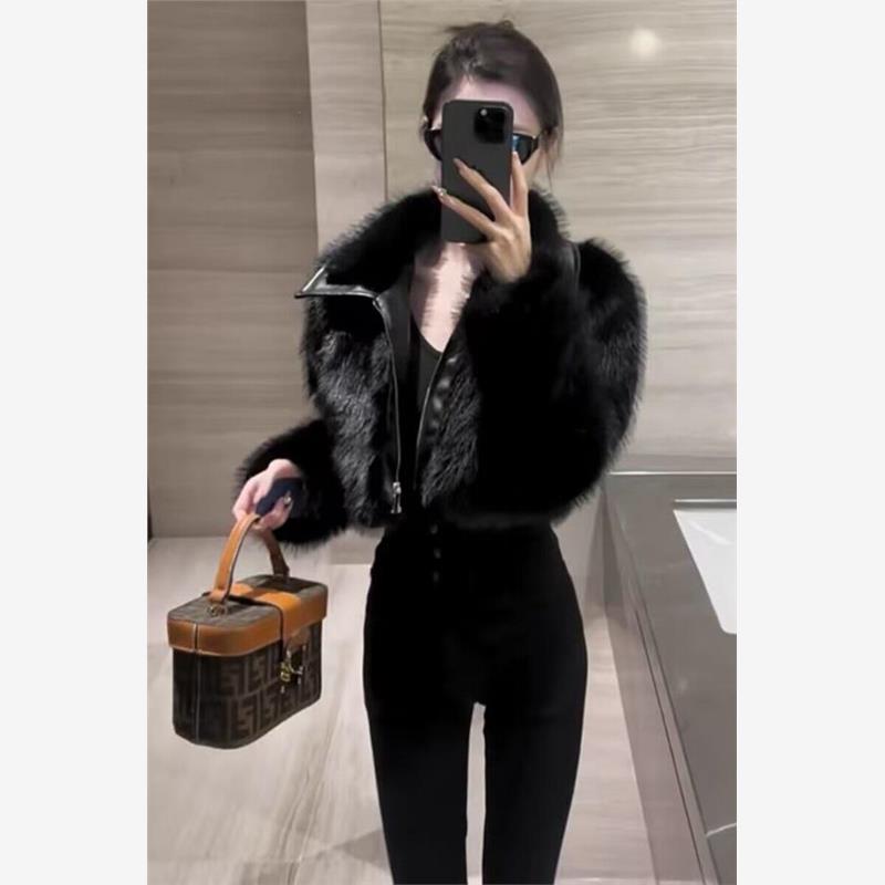 黑色高级感女拼皮仿狐狸