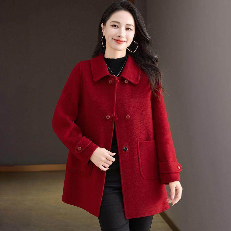 红色双面羊绒大衣女中长
