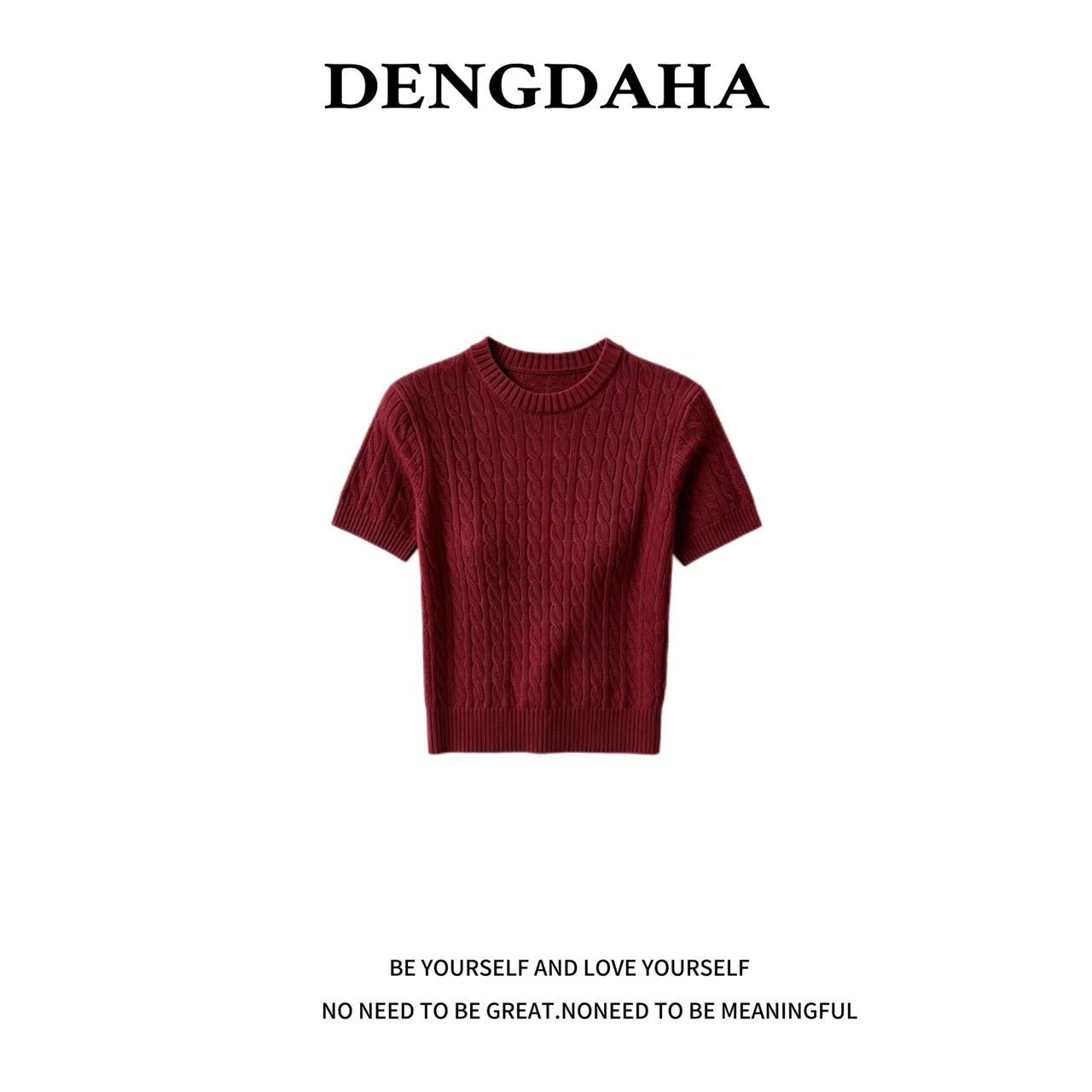 DENGDAHHA复古麻花纹上衣针织圆领短袖内搭秋冬C9167