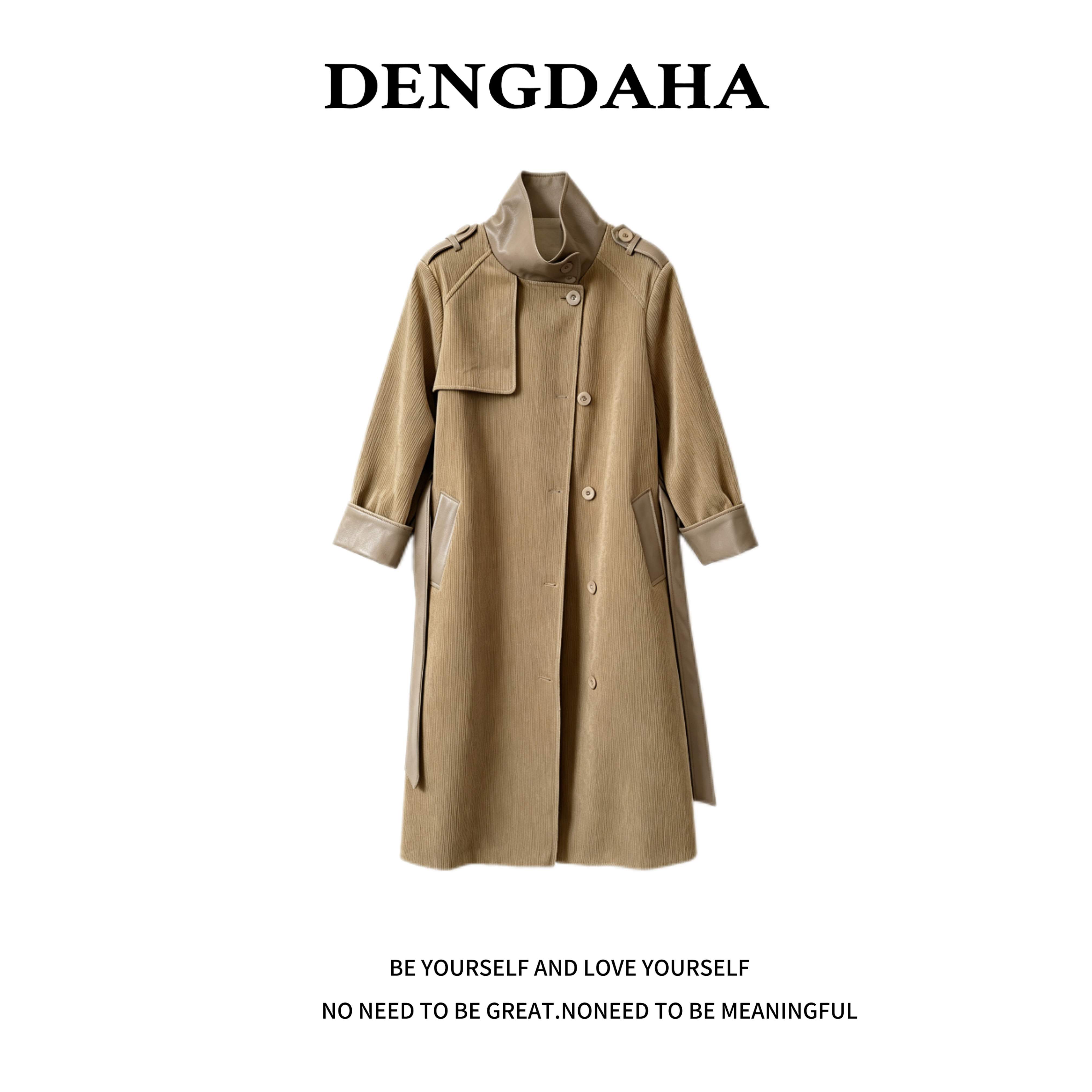 DENGDAHA复古灯芯绒拼接长款风衣女秋冬美拉德立领收腰大衣A338