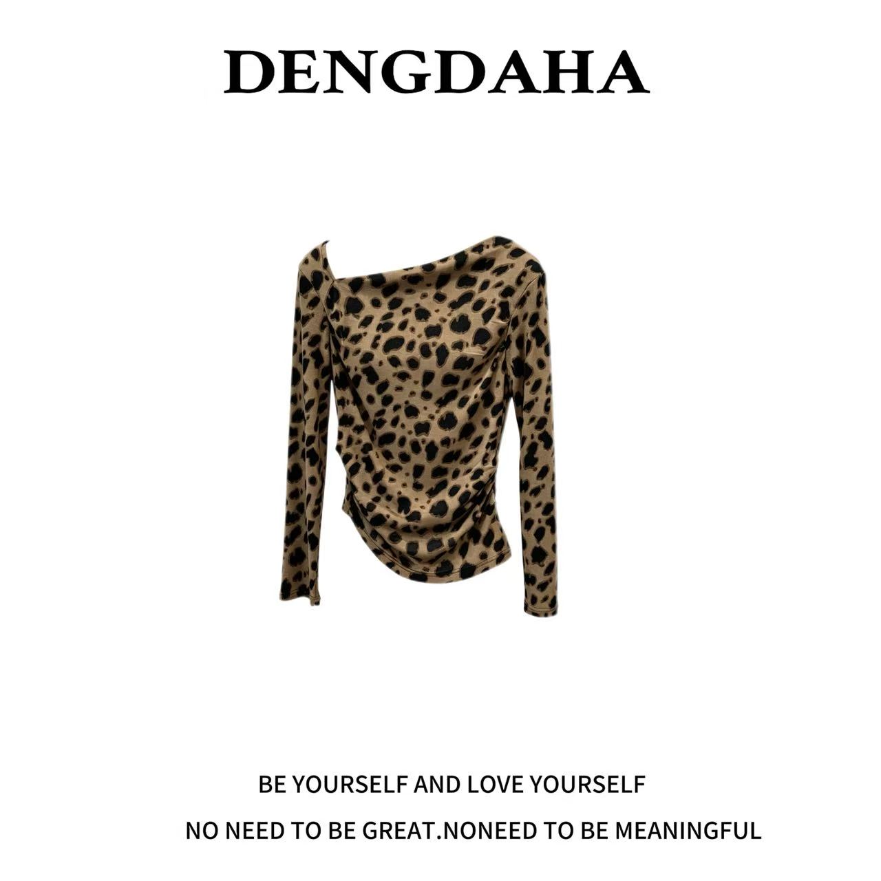 DENGDAHA{豹纹私语} 休闲修身打底衫女装侧边褶皱显瘦上衣X9108