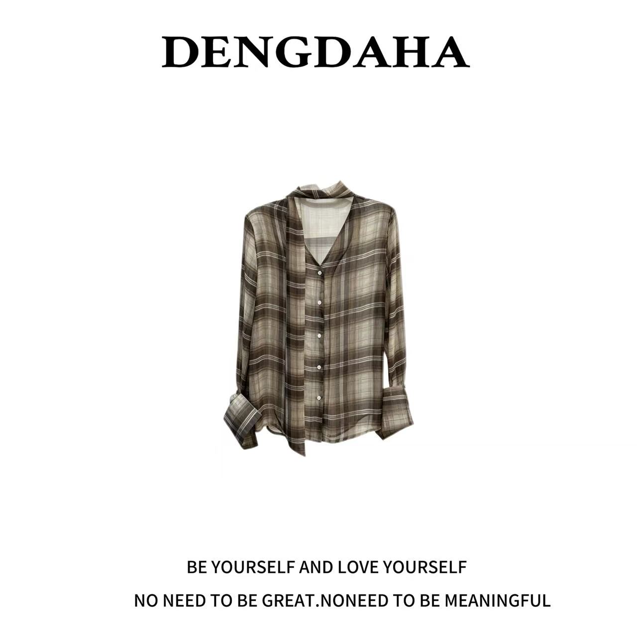 DENGDAHA{经典格纹} 长袖衬衫复古风防晒雪纺V领飘带格子Y873