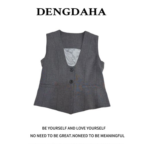 DENGDAHA{浪漫花稿}复古风女装V领无袖单排扣Y806