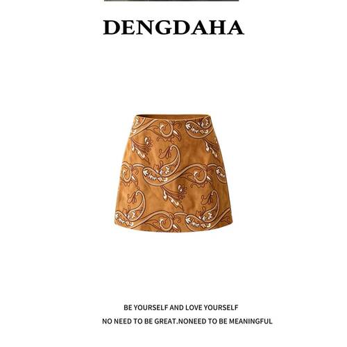 DENGDAHA复古印花气质半身裙短裙女装A字裙刺绣装饰图案U9130