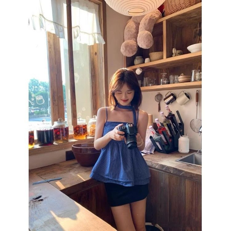 韩系格子抹胸吊带背心女夏新款2025绝美辣妹无袖小衫裙摆飘带