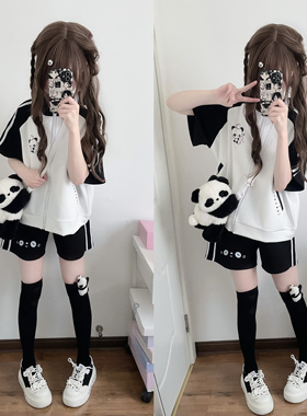 草莓熊自制原创可爱软妹日系百搭KT熊猫黑白拼色休闲套装可爱洋气
