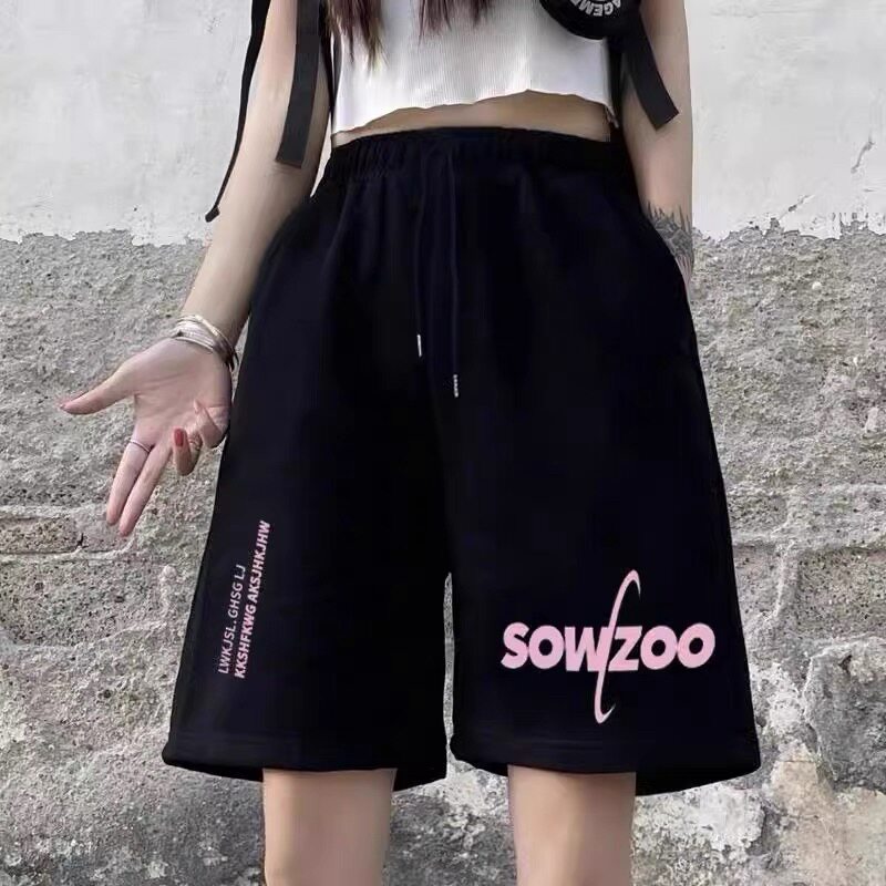 hiphop美式高腰运动短裤女夏季黑色潮牌松紧腰宽松休闲大码五分裤