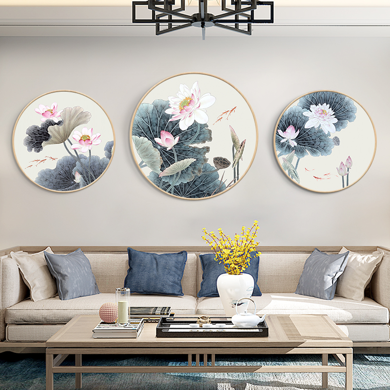 新中式沙发背景墙装饰画客厅挂画中式中国风壁画荷花