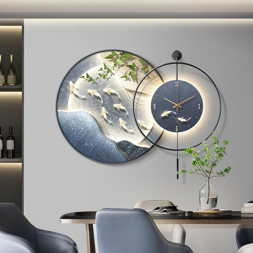 高级感餐厅装饰画带钟表九鱼饭厅背景墙发光挂画现代轻奢客厅壁画