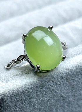 新款天然和田玉碧玉猫眼银镶戒指 S925银托素面简约款 活口可调节