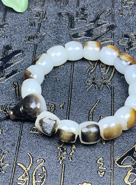 新疆和田玉俄籽料手串颗颗留皮聚宝盆羊脂白玉手链 玉质细腻油润