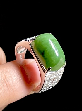 S925银镶和田玉碧玉戒指 纯天然菠菜绿蛋面扳戒重工 开口戒手饰