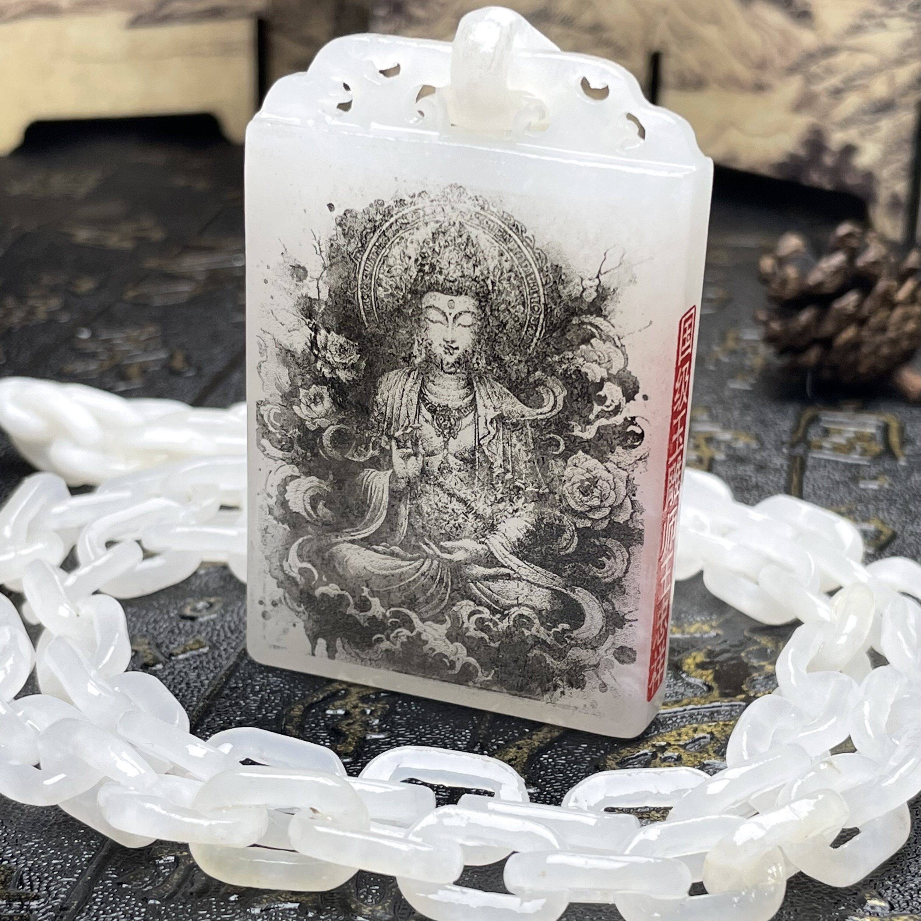 玉雕师王忠祥亲工新疆和田玉观音一体链吊坠羊脂白玉无事牌纯手工