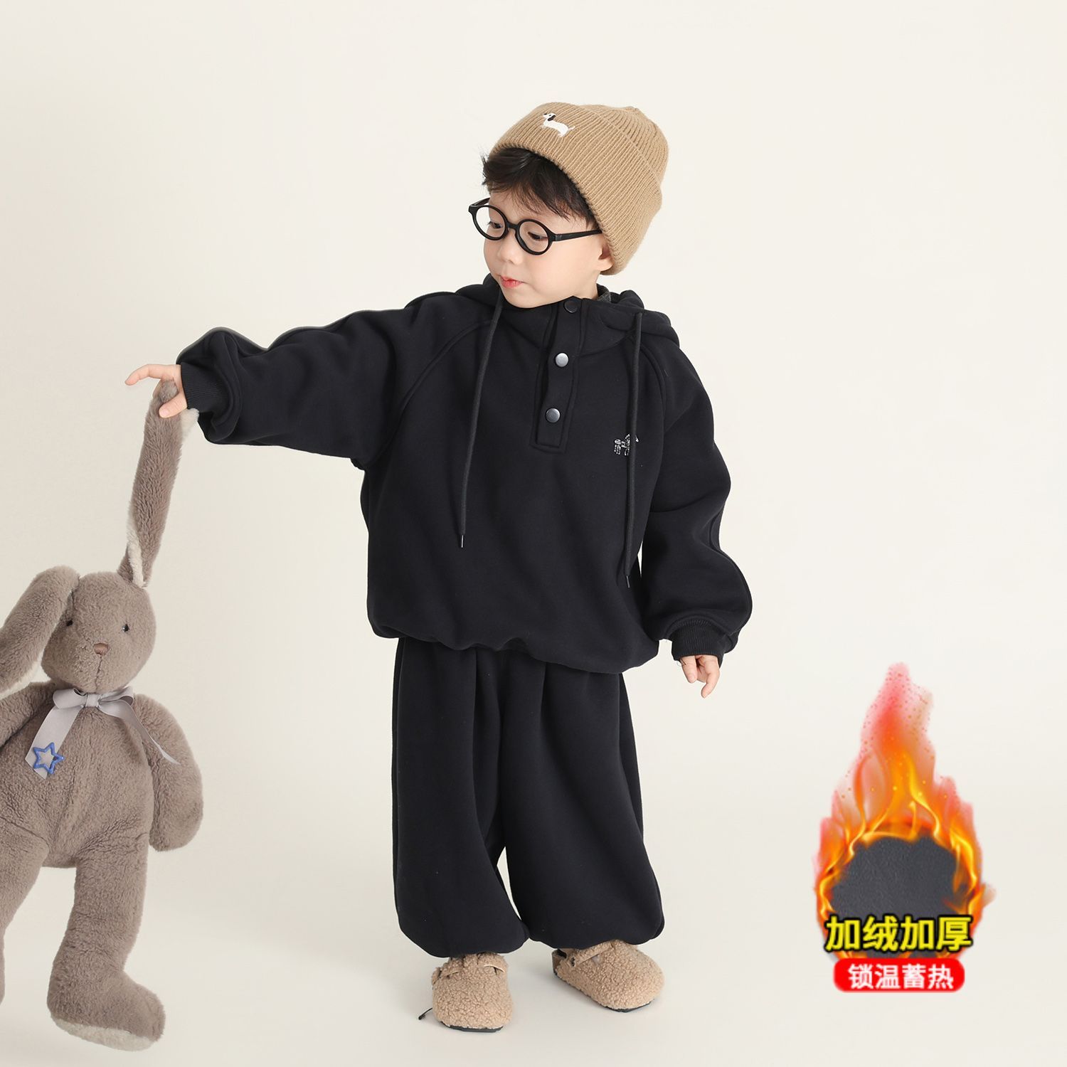 男童冬装套装2025新款儿童加绒加厚卫衣韩版宝宝连帽上衣两件套潮