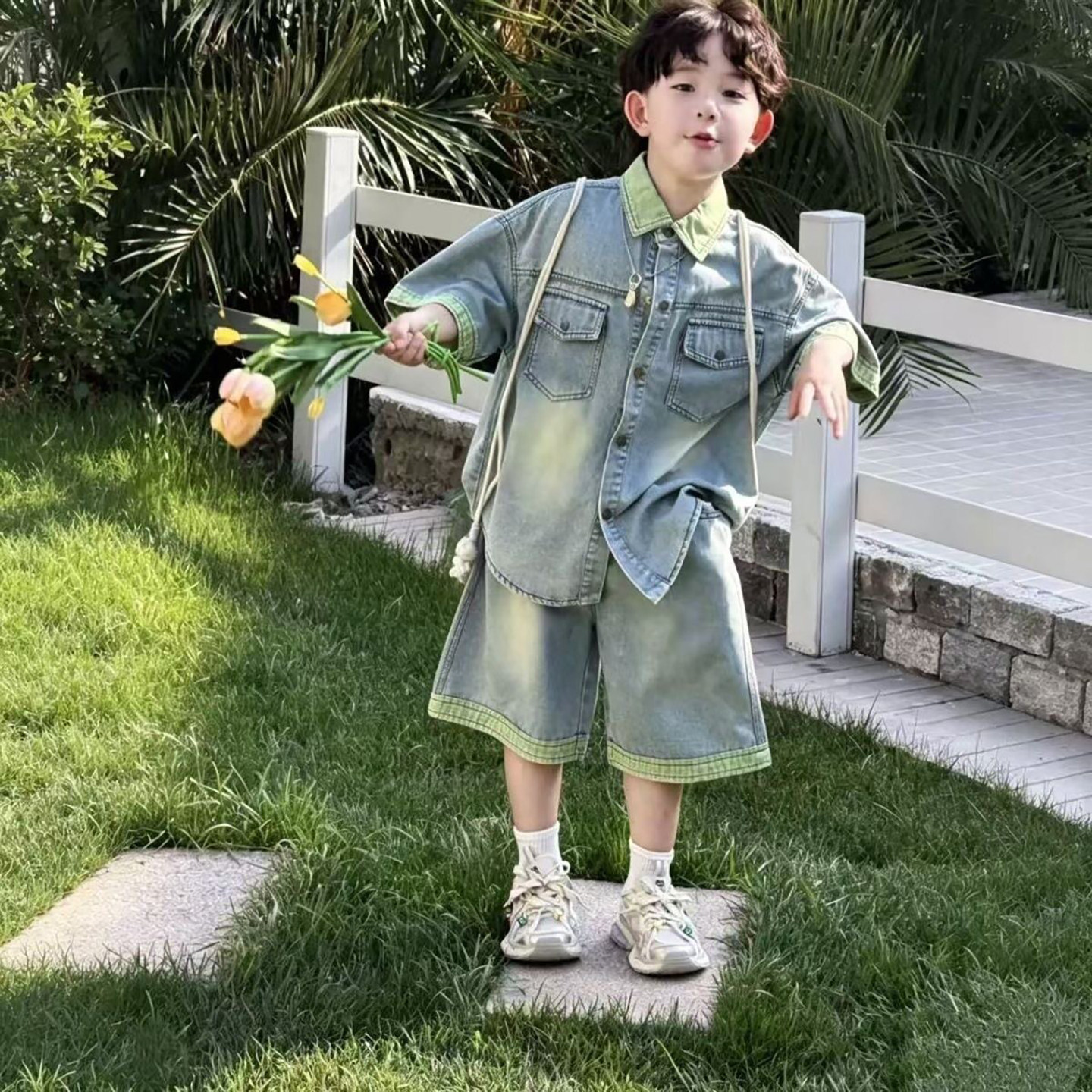 男童夏套装2026新款韩版儿童夏季男孩牛仔短袖短裤宝宝夏季衣服潮