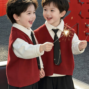 男童新年套装2026新款儿童拜年服宝宝过年衣服针织马甲衬衫两件套