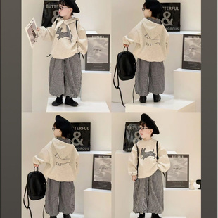男童秋季卫衣套装2026新款帅气时髦儿童小修狗卫衣百搭黑白格裤潮