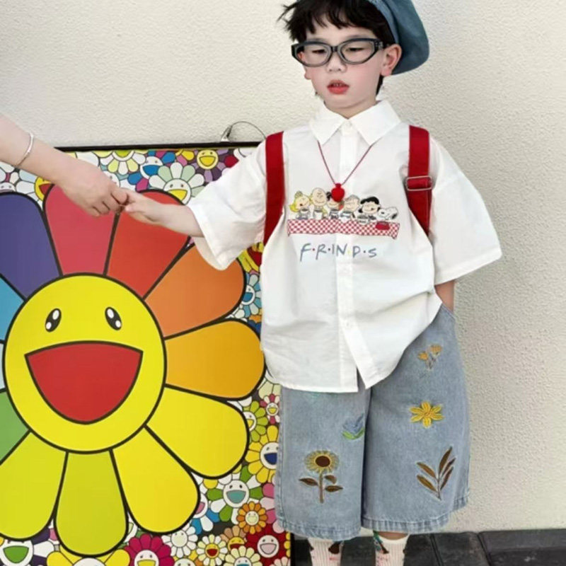 男童夏装衬衫套装2026新款韩版儿童夏季短袖洋气牛仔短裤两件套潮