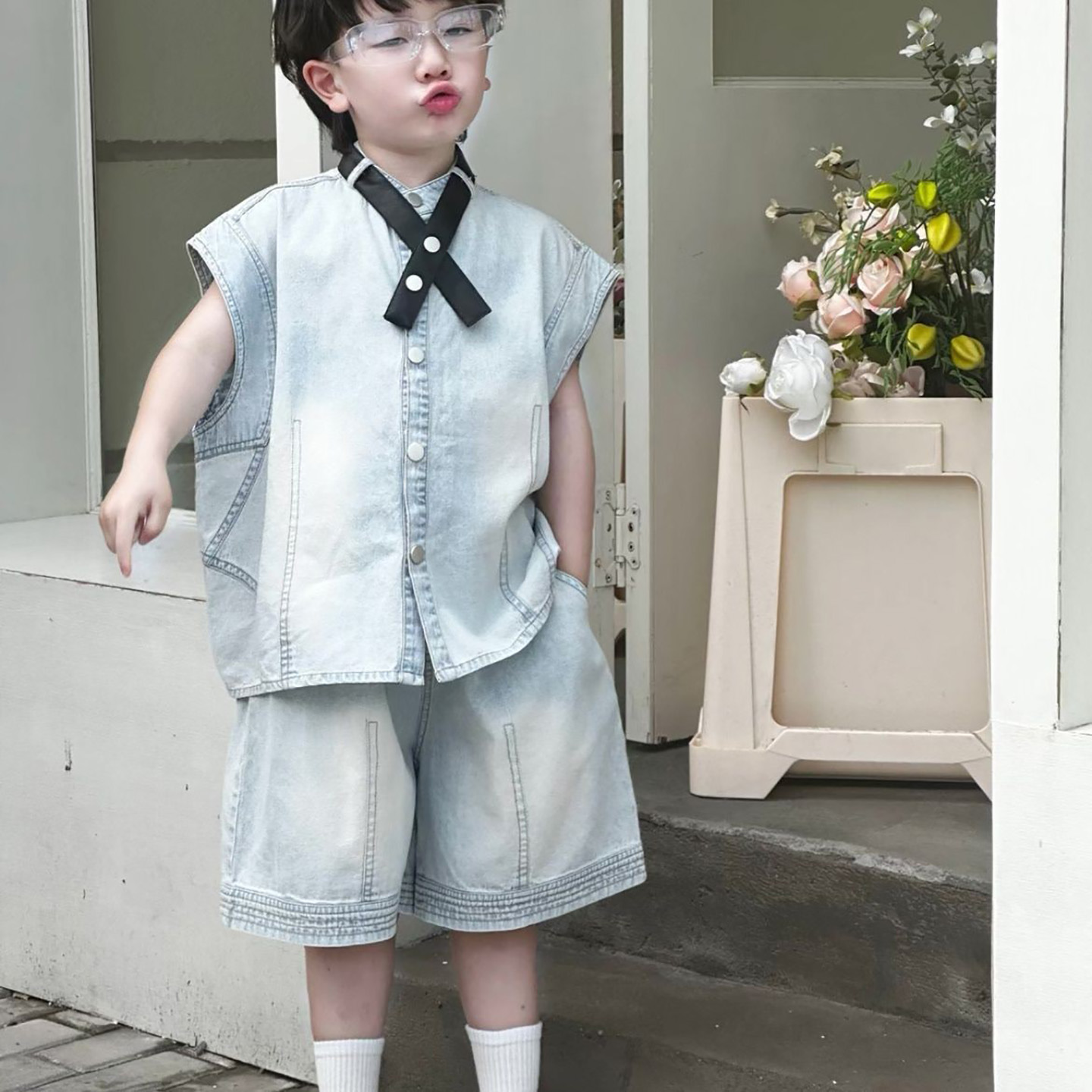 男童套装夏2025新款韩版儿童夏季牛仔无袖背心宝宝短裤两件套潮酷