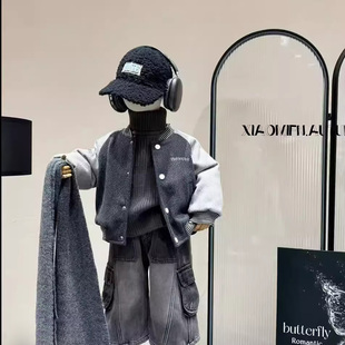 男童冬季套装2026新款棒球服夹棉外套韩版加绒工装牛仔裤两件套潮