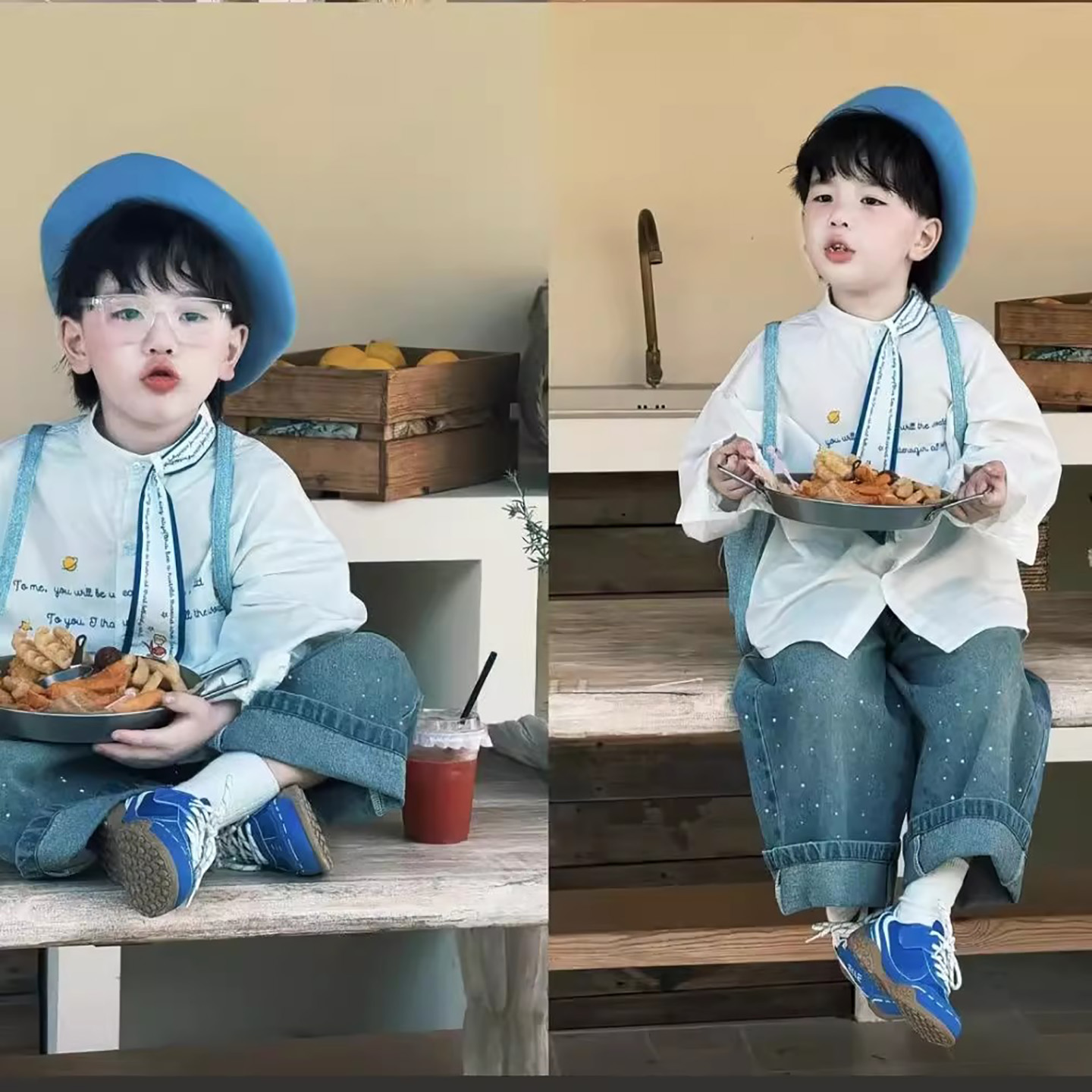 男童春秋衬衫套装2025新款韩版洋气长袖涂鸦上衣百搭牛仔裤两件套