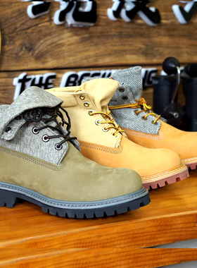 重磅防水胡椒盐抗撕裂帆布拼接固特异缝制大黄靴ins工装靴男10061