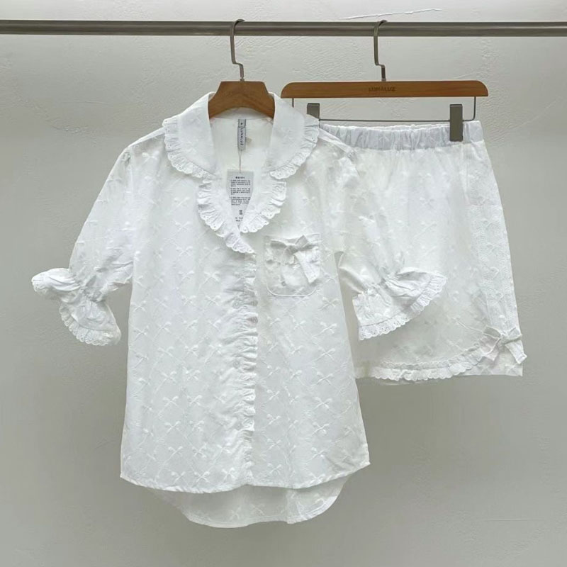 韩国LUNALUZ睡衣女25夏季刺绣甜美公主白色纯棉短袖裤家居服套装