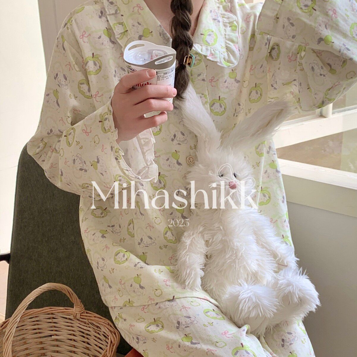 Mihashikk青苹果小狗春夏纯棉双层纱布花边领睡衣女长袖裤家居服