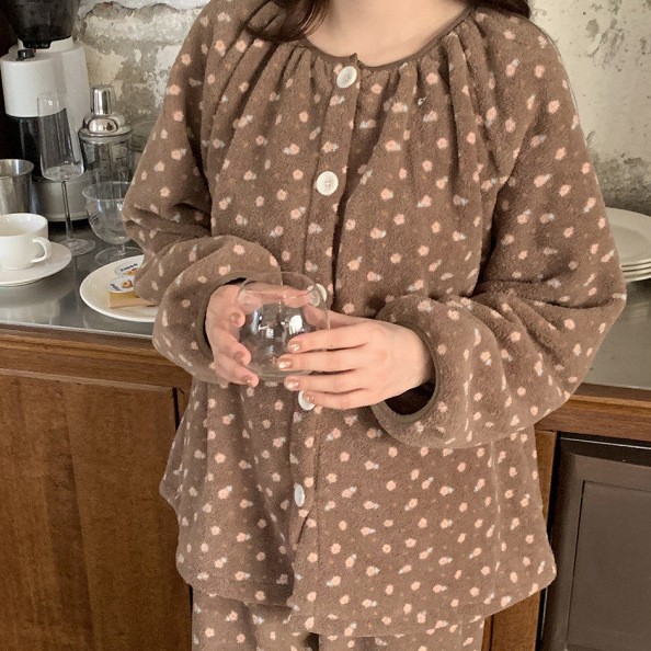 韩国ins女士冬季加厚米粒绒毛绒碎花减龄居家睡裙连衣裙睡衣套装