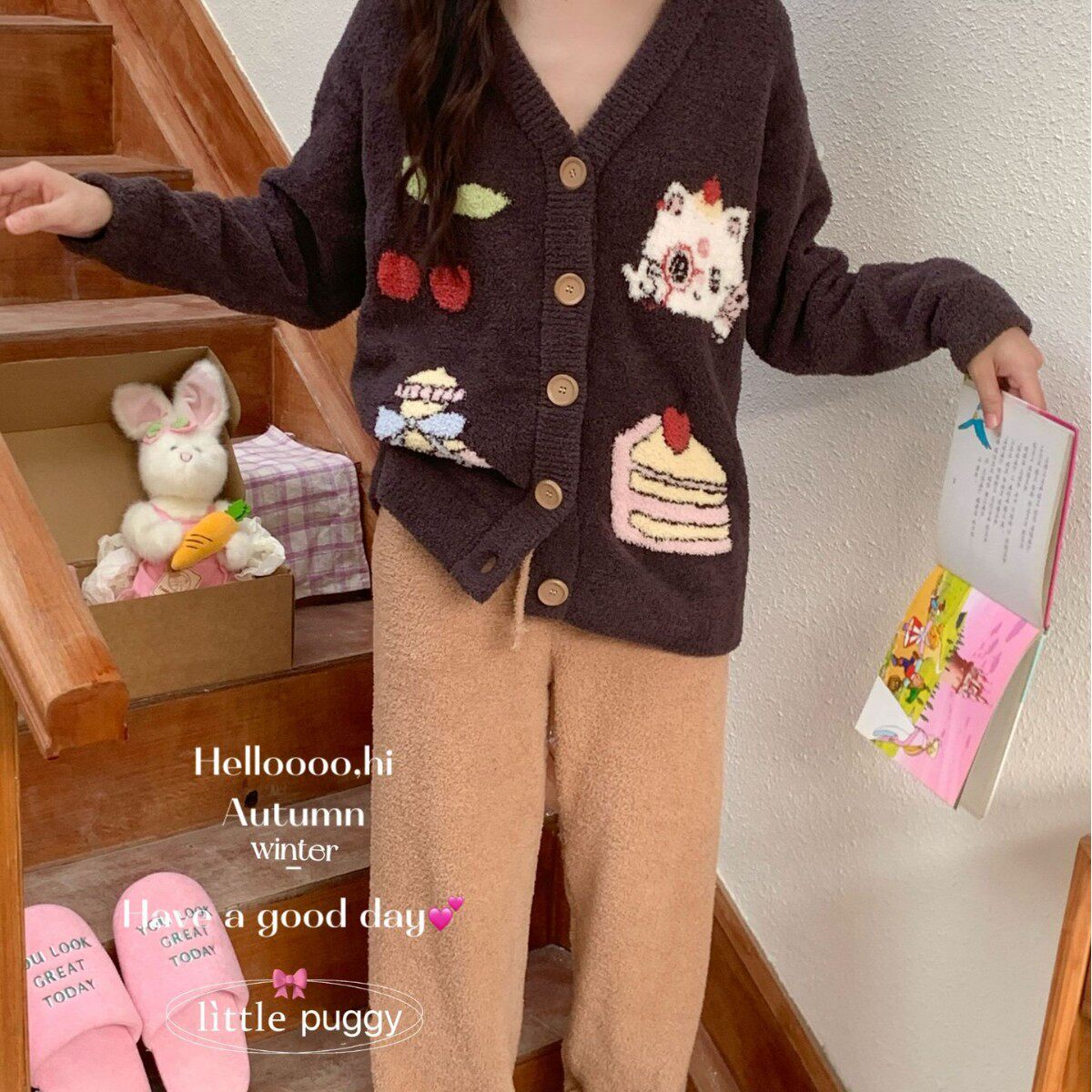 little puggy冬季新卡通半边绒开衫长袖裤套装加厚保暖家居服