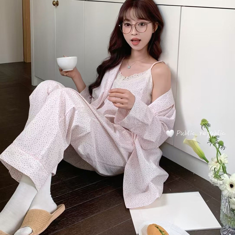 韩国东大门原创品牌女春夏纯棉碎花甜美可爱睡衣三件套家居服套装