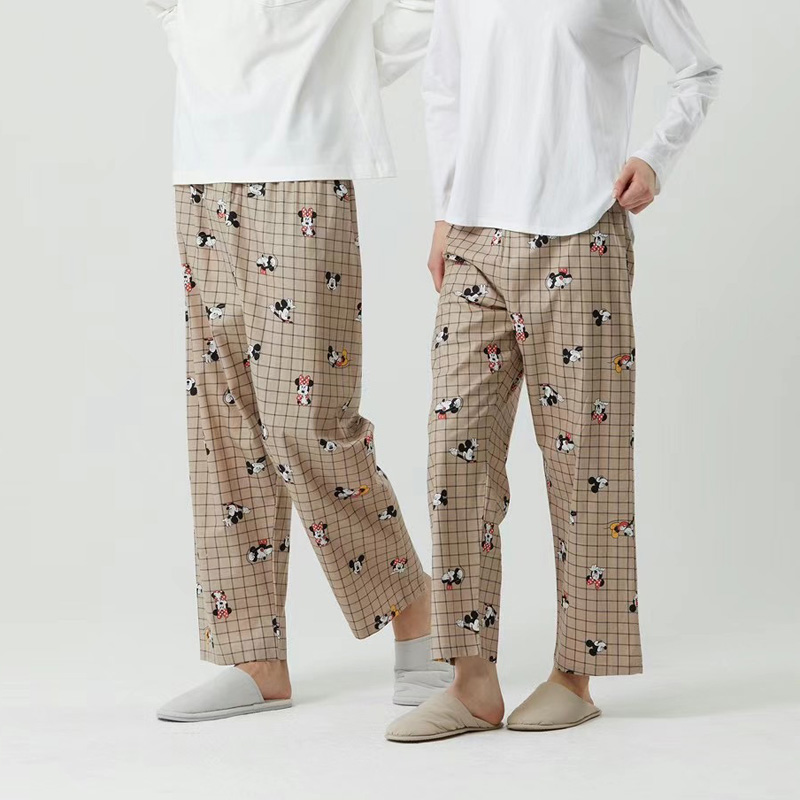 韩国代购东大门迪士尼秋格子米奇男女情侣家居长睡裤纯棉宽松休闲