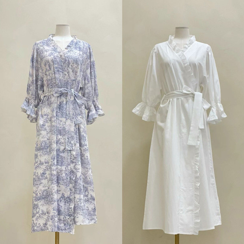 韩国Lunaluz品牌代购睡衣夏季甜美女复古白色湖边中袖棉家居睡袍