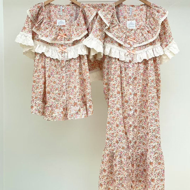 LUNALUZ韩国代购夏纯棉甜美碎花公主短袖裤睡衣家居服套装睡裙女