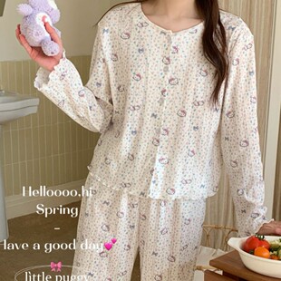 little puggy韩国春夏多色薄款针织两件套长袖长裤碎花KT猫家居服