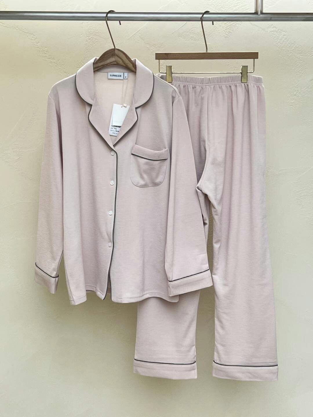 LUNALUZ韩国23秋冬纯色情侣男女休闲简约长袖长裤睡衣家居服套装