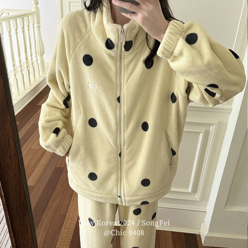 牛奶绒拉链睡衣女蝴蝶结印花休闲套装秋冬加绒加厚宽松保暖家居服