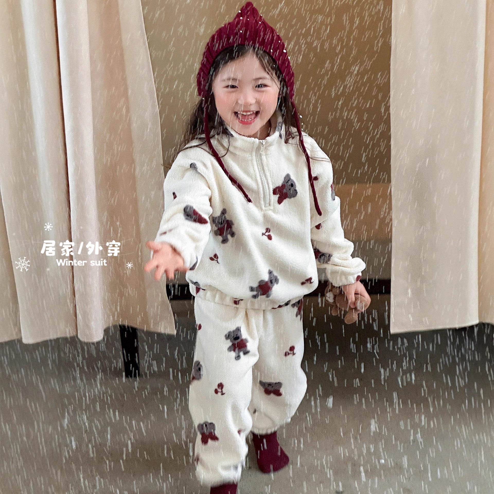 儿童家居服套装秋冬季加厚保暖可爱珊瑚绒男女宝宝睡衣半拉链套头