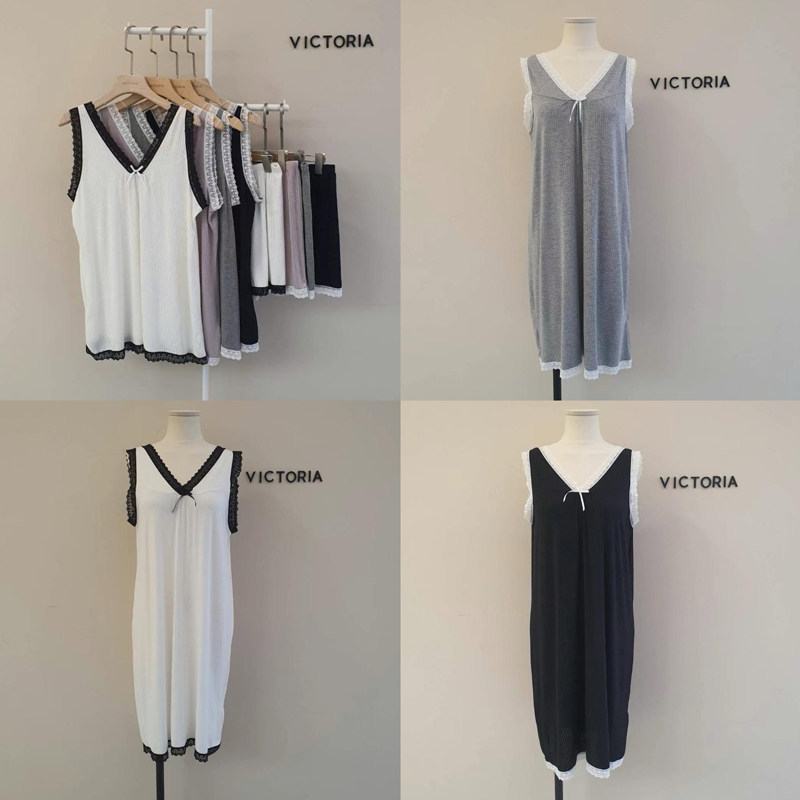 韩国VICTORIA代购夏性感甜美蕾丝法式无袖短裤纯色v领套装睡裙女