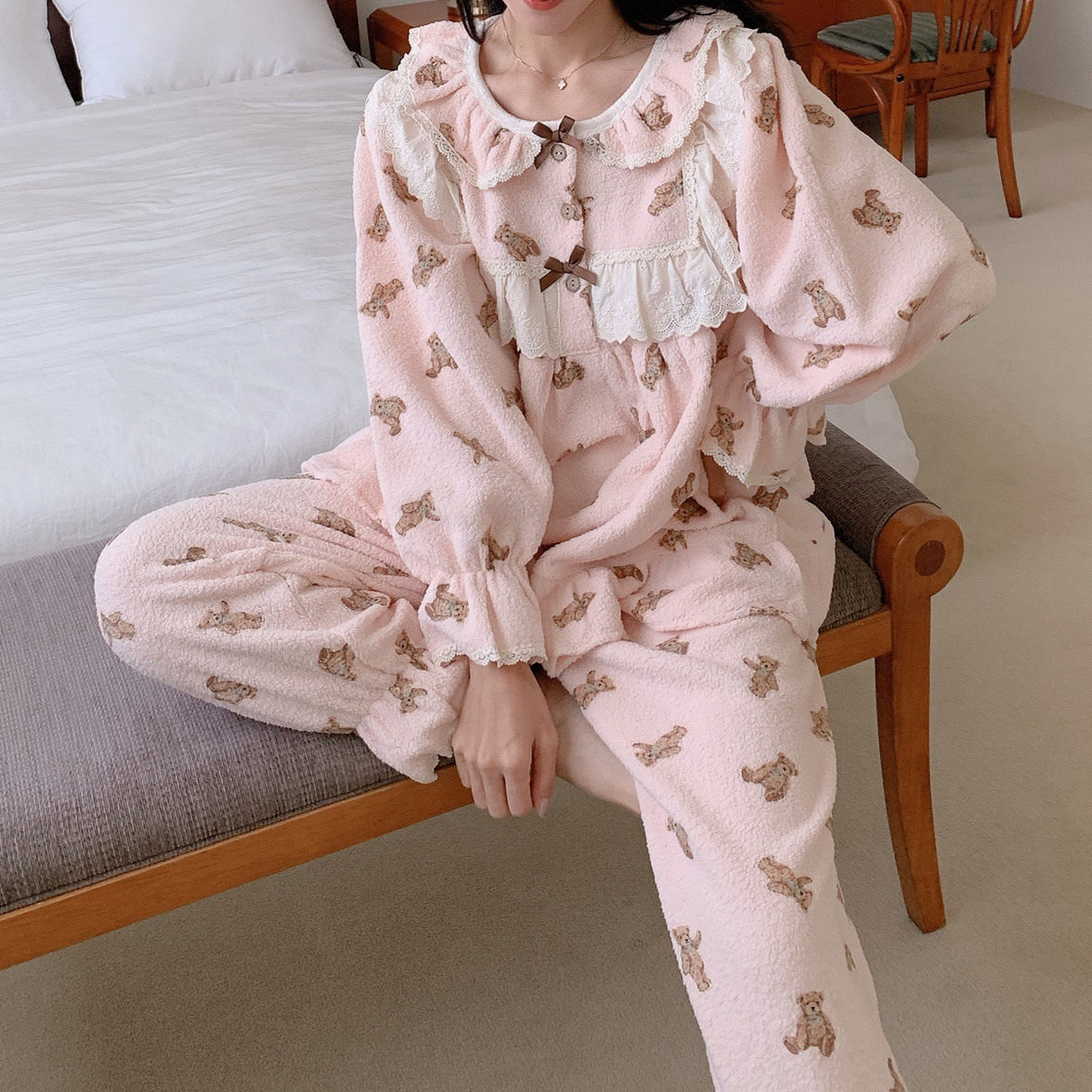 韩国东大门LUNALUZ代购冬厚绒保暖女睡衣小熊甜美可爱长袖裤套装