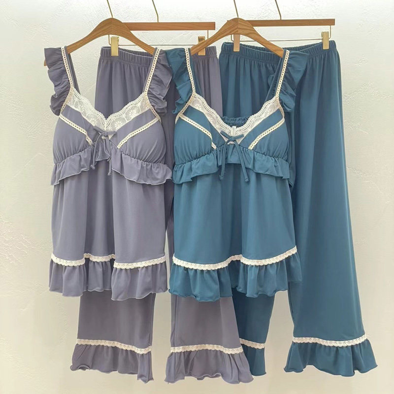 韩国LUNALUZ东大门代购女秋季纯色甜美性感公主吊带长裤套装睡裙