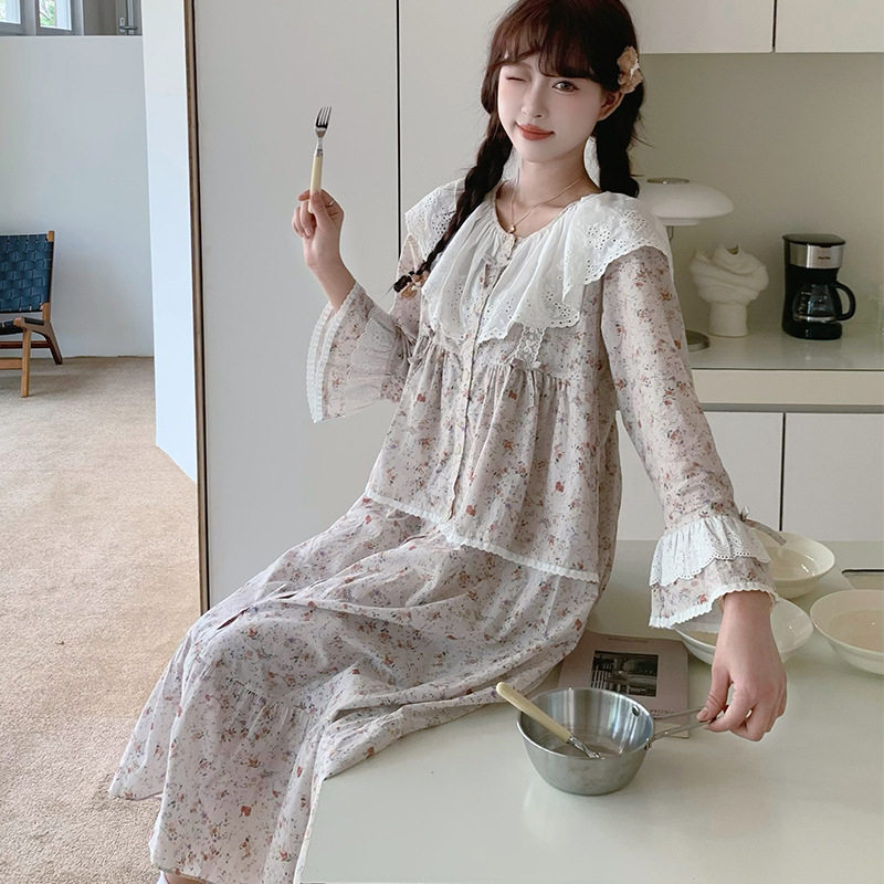 宫廷风秋甜美碎花法式镂空女睡裙